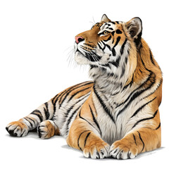 Obraz premium A full-body Bengal tiger lying down with its head raised, displaying detailed fur patterns and a relaxed expression.