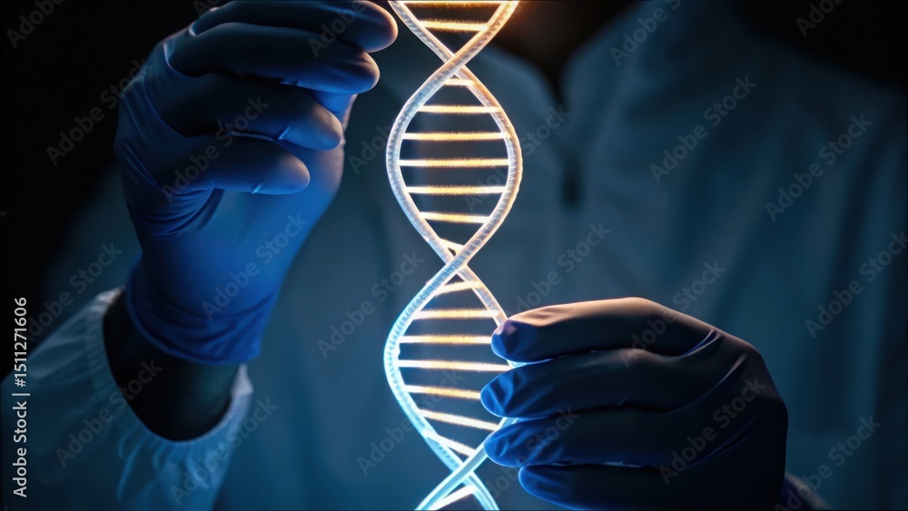 Poster glowing rna strand held in hand inside dark laboratory environment