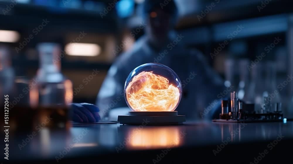 Poster glowing energy orb displayed in a dark laboratory setting with a blurred person