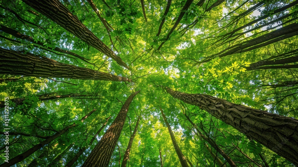 Poster view looking up at tall trees with green leaves creating a dense canopy in a lush forest setting