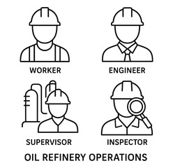 Oil Refinery Operations Roles Icon Set – Minimal Black and White Line Art