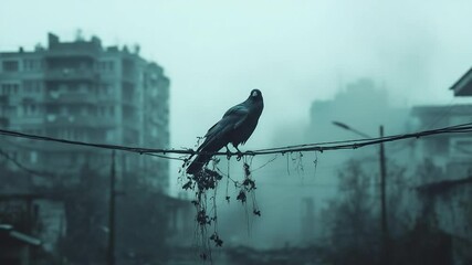 Crow Perched On A Wire With Foliage Against Urban Buildings In Foggy Cityscape - Powered by Adobe