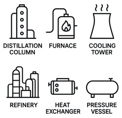 Oil Refinery Icon Set &ndash; Distillation Column, Furnace, Cooling Tower, Heat Exchanger &ndash; Industrial Line Art Vector