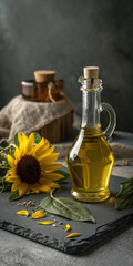 bottle of olive oil with a branch
