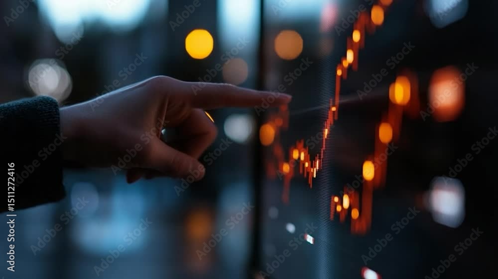 Poster hand pointing at a digital stock chart with glowing details in urban setting