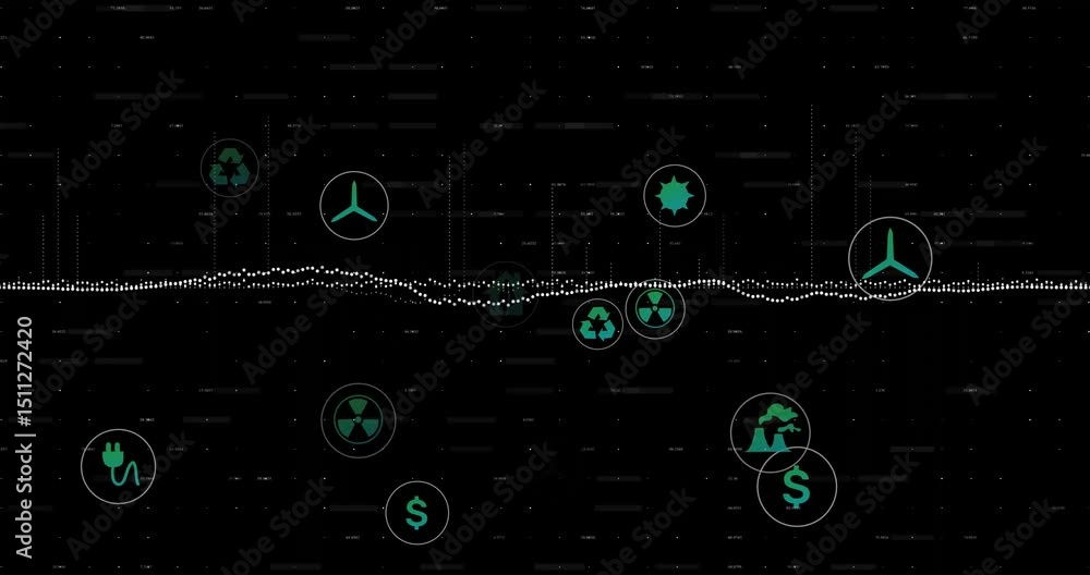 Poster receiving input causing waveform bouncing while animating energy finance icons showing market trend