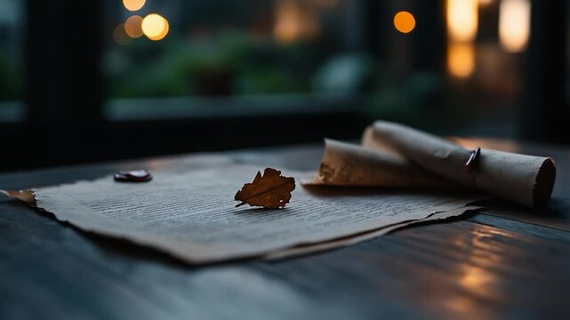 Vintage Paper Documents with Scroll Leaf and Wax Seal on a Dark Wooden Table