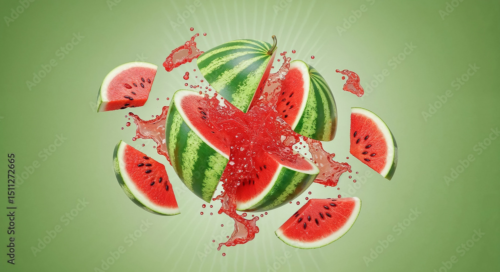 Poster Watermelon exploding with slices and juice splashing on green background