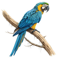 Obraz premium A full-body blue and yellow macaw perched on a branch with vibrant feathers and a lively posture.