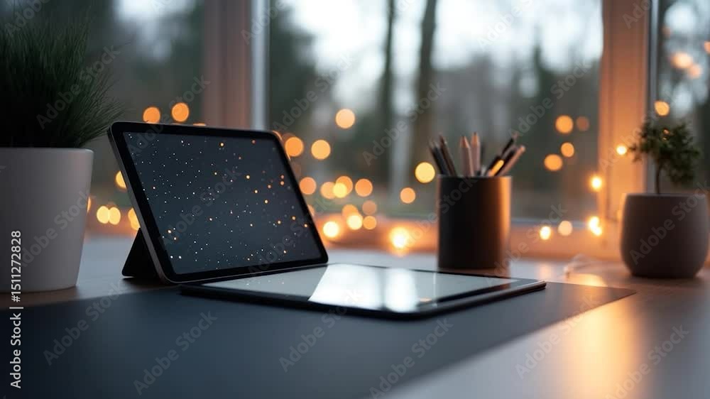 Poster tablet displayed on a desk with potted plants pencil holder and soft bokeh lights creating calm inte