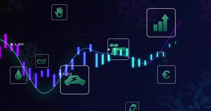 Purple bars decreasing and line dropping initiating icons then rising teal bars indicating recovery
