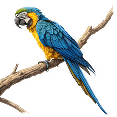 Obraz premium A full-body blue and yellow macaw perched on a branch with vibrant feathers and a lively posture.
