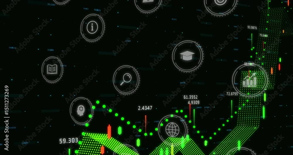 Poster yellow line emerging sparking data graph tracing green curve animating bars and icons for analytics