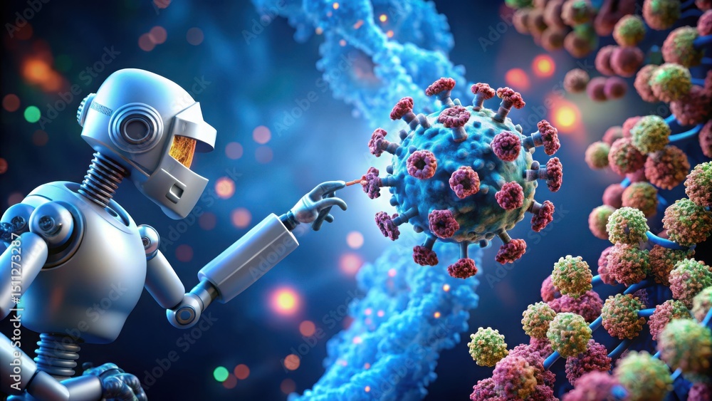 Poster Robot Interacting with RNA Strand and Virus Representation in Science