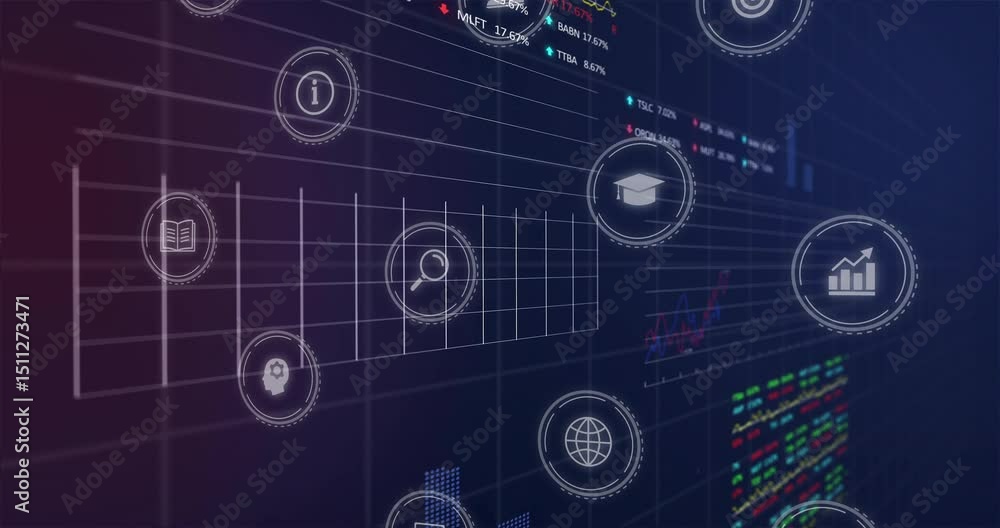 Poster in dark grid color shifting, icons floating, lines connecting, dynamic charts and tickers animating