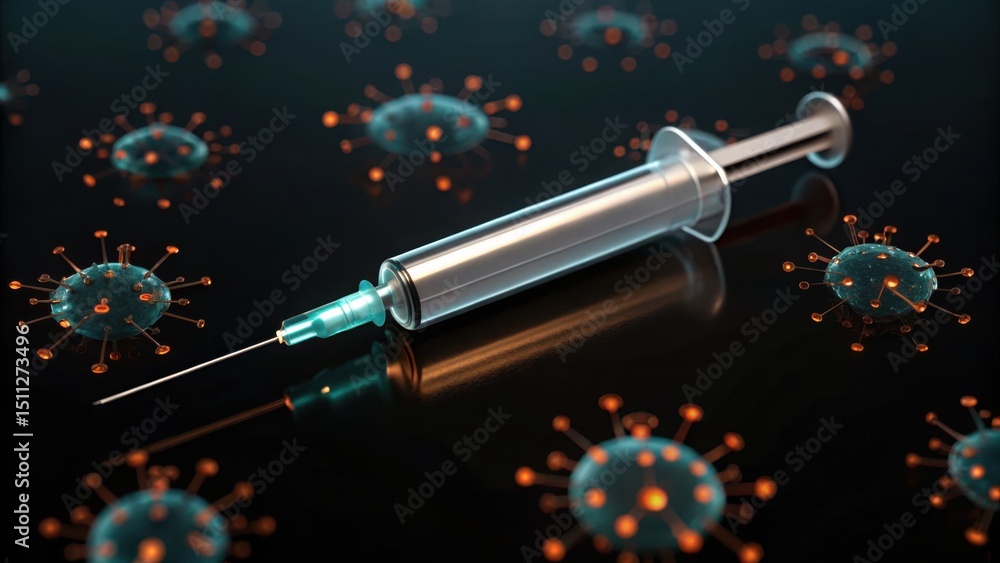 Poster syringe on glossy surface surrounded by rna particles in gigapixel