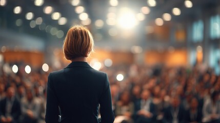 Woman in Formal Suit Giving Inspirational Speech at Conference Venue