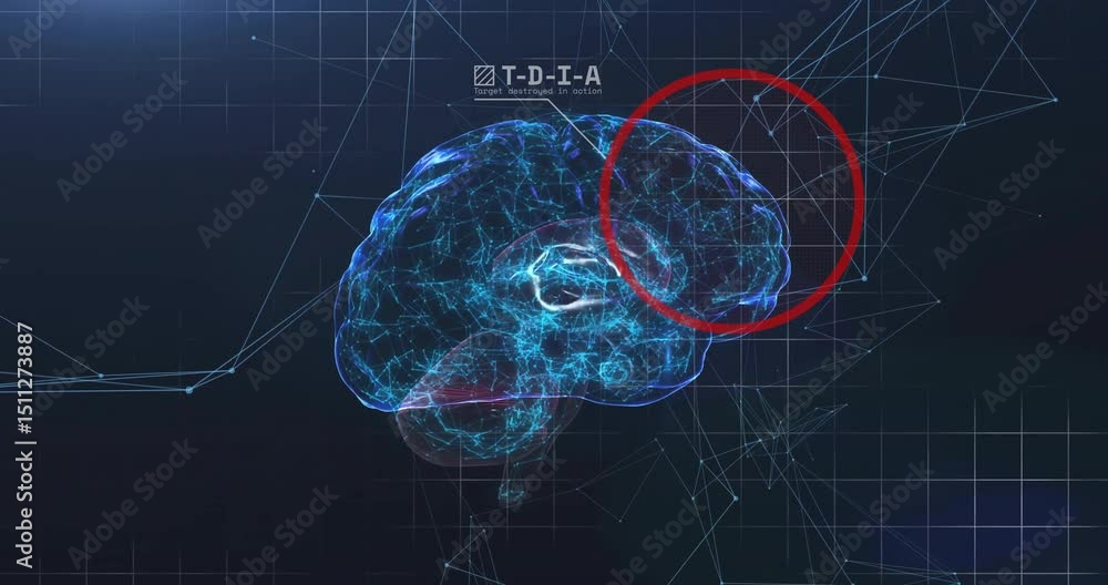 Poster on 3d brain model rotation, drone icon entering and merging to highlight neural target region