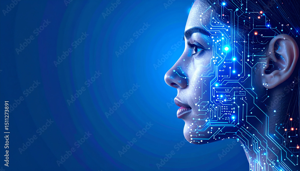 Poster a futuristic profile of a woman blends with glowing circuit patterns, symbolizing the intersection o