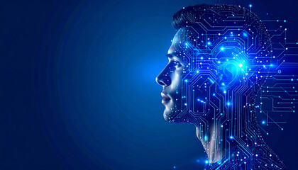 A futuristic depiction of a human face integrated with digital circuits, symbolizing the fusion of technology and humanity