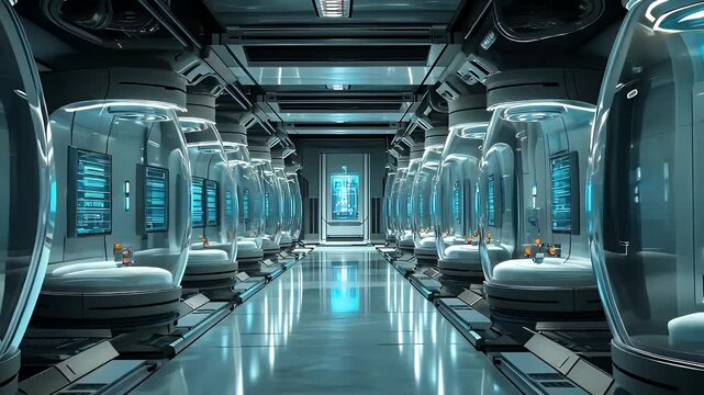 A futuristic cryogenic lab corridor with glowing sleep pods and advanced digital interfaces in a sterile environment. Medical technology concept