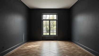 Obraz premium Minimalist room with herringbone parquet flooring and dark painted walls