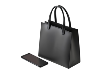Black paper bag and mobile phone on transparent background. 3d rendering