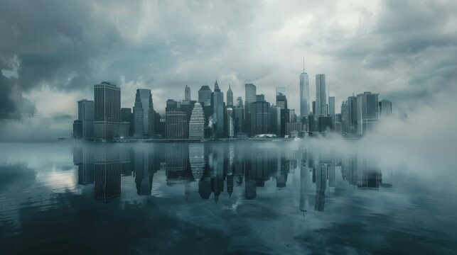 City skyline reflected in water under a cloudy sky with skyscrapers and a misty atmosphere viewscape - Powered by Adobe