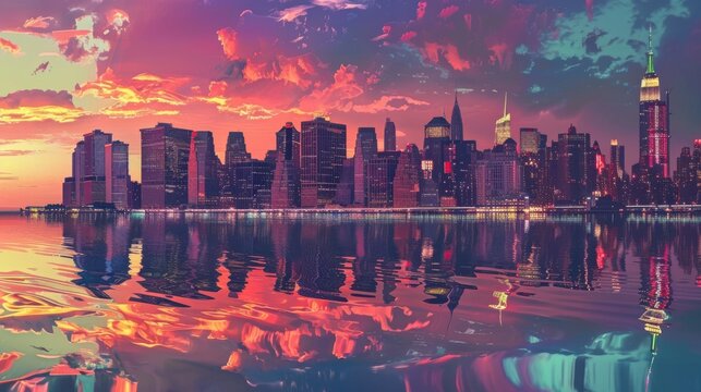 Cityscape reflection on water with a vibrant sunset and illuminated buildings at dusk in new york city
