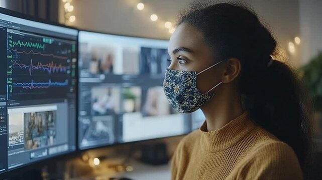 Young Woman In Face Mask Working On Dual Monitors With Data Analysis And Video Conference - Powered by Adobe