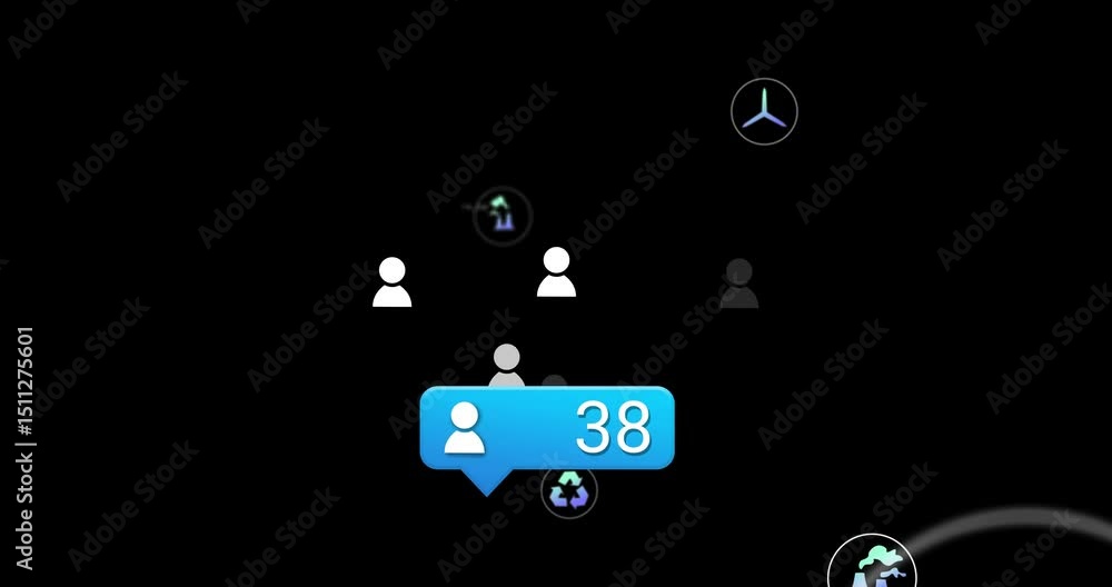 Poster fading blue bubble adding silhouettes and climbing count to 95 while floating icons showing growth
