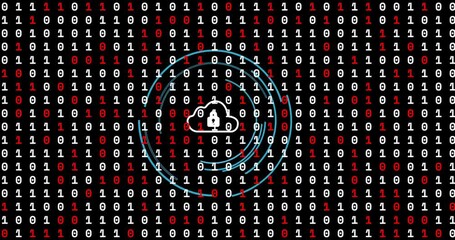 Scrolling binary starting rings fading and spinning cloud showing padlock emerging securing cloud - Powered by Adobe
