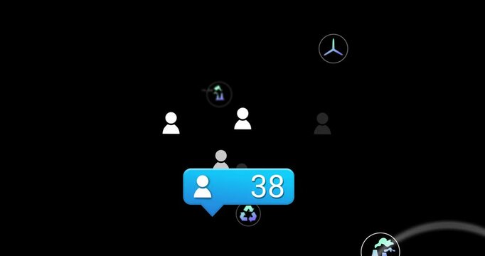 Fading blue bubble adding silhouettes and climbing count to 95 while floating icons showing growth