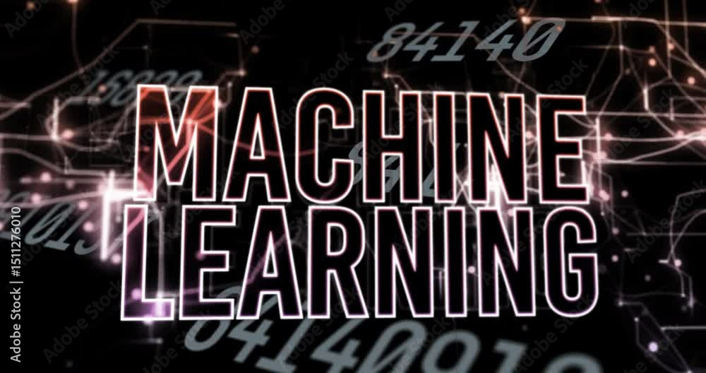 Poster at start digits drifting, nodes weaving and machine learning text pulsing, showing data links
