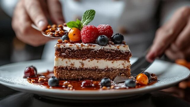 Layered Cake Dessert Garnished With Fresh Berries And Mint In A Restaurant