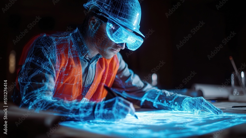Poster engineer using holographic blueprint scanner in construction setting