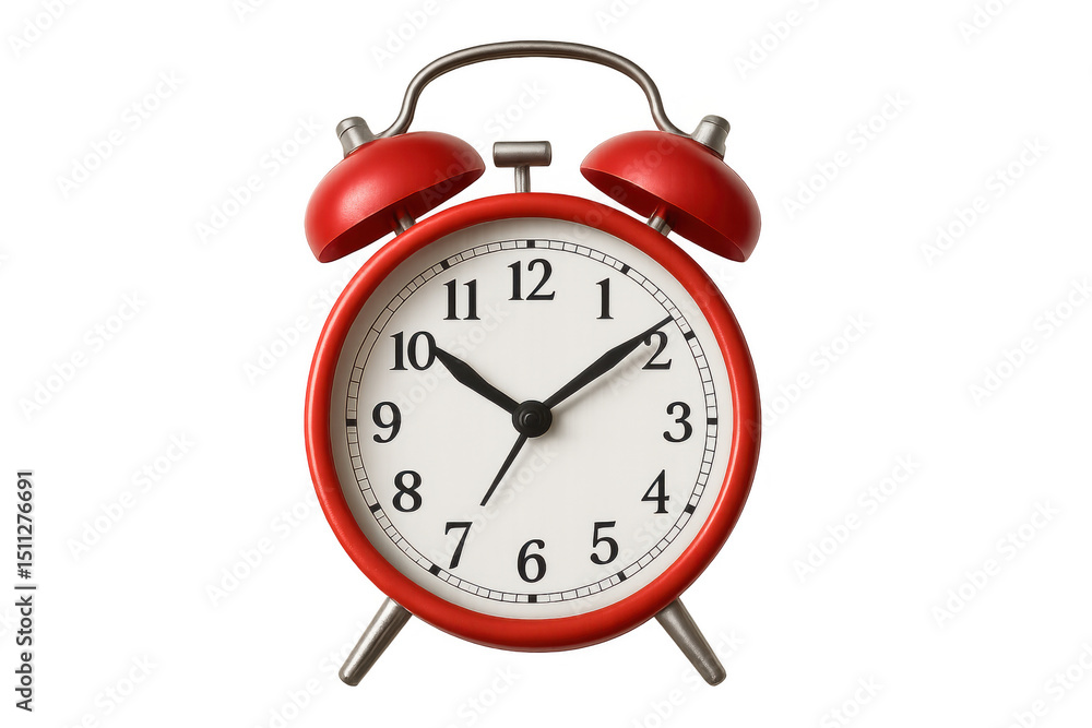 Poster vintage red alarm clock showing digital time, highlighting punctuality and precise scheduling on cle