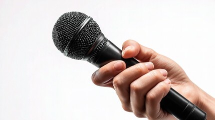 Reporter Holding Microphone with White Backdrop for News Coverage