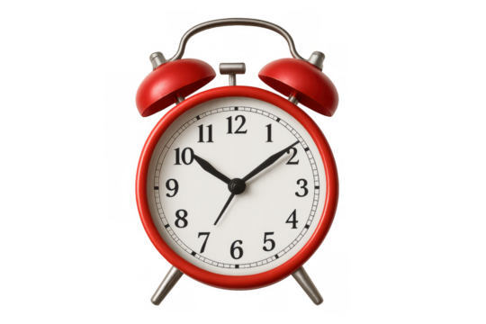 Vintage red alarm clock showing digital time, highlighting punctuality and precise scheduling on clean transparent backdrop