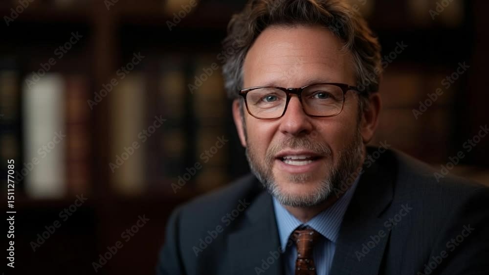 Poster focused man in suit talking close up with glasses in front of bookshelf background