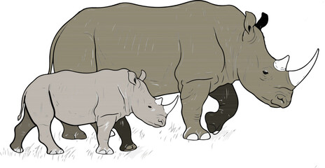 Isolate painting. Mother-and-son rhinoceros are walking in vector form.