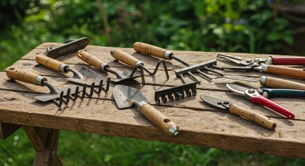 Rustic Garden Tools Collection On Wooden Table Outside In Daylight