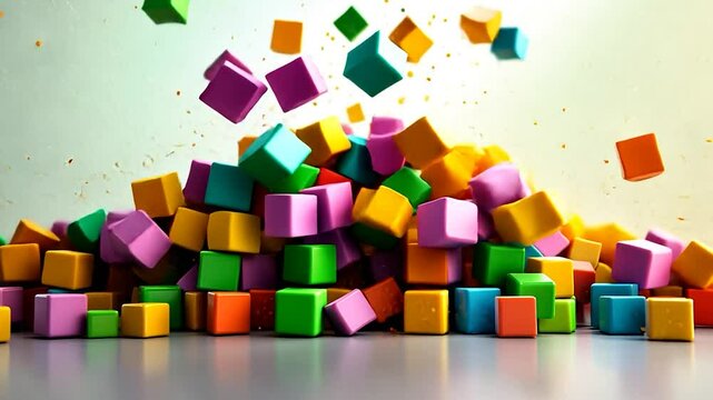 Rainbow Cube Cascade: A vibrant explosion of colorful blocks in motion, creating a dynamic and playful visual spectacle.