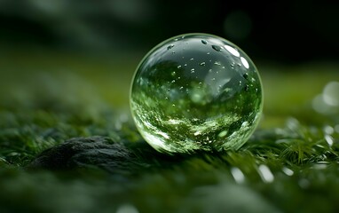 Emerald Green Glass Orb On Wet Moss