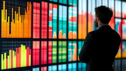 Businessman Analyzing Colorful Data Graphs On Wall Display