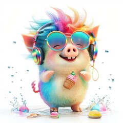 This pig’s headphones and ice cream capture an upbeat, easygoing take on personal leisure.