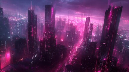Obraz premium Futuristic cityscape, vibrant pink glow