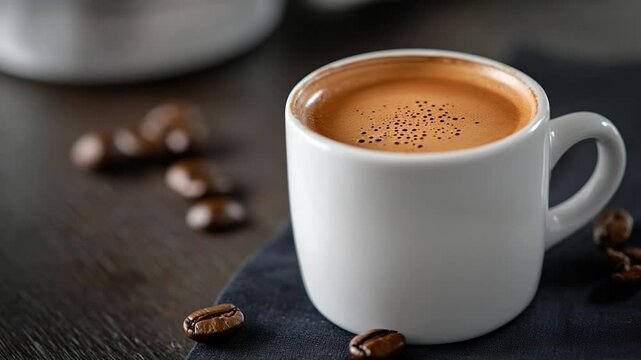 Freshly Brewed Coffee In White Ceramic Cup With Scattered Roasted Beans