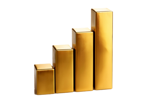 a bar chart with 3 bars, the bars are gold isolated on transparent or white background