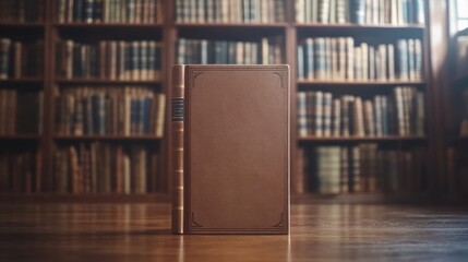 A Large LeatherBound Book Standing on a Wooden Surface in a Library